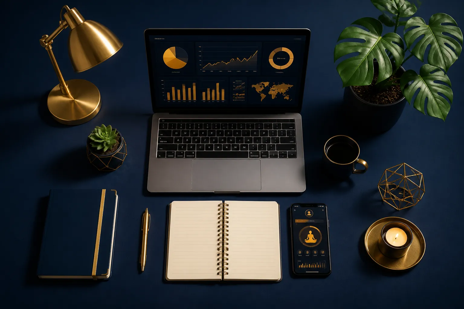 Smart workspace with analytics and wellness tools on a navy desk