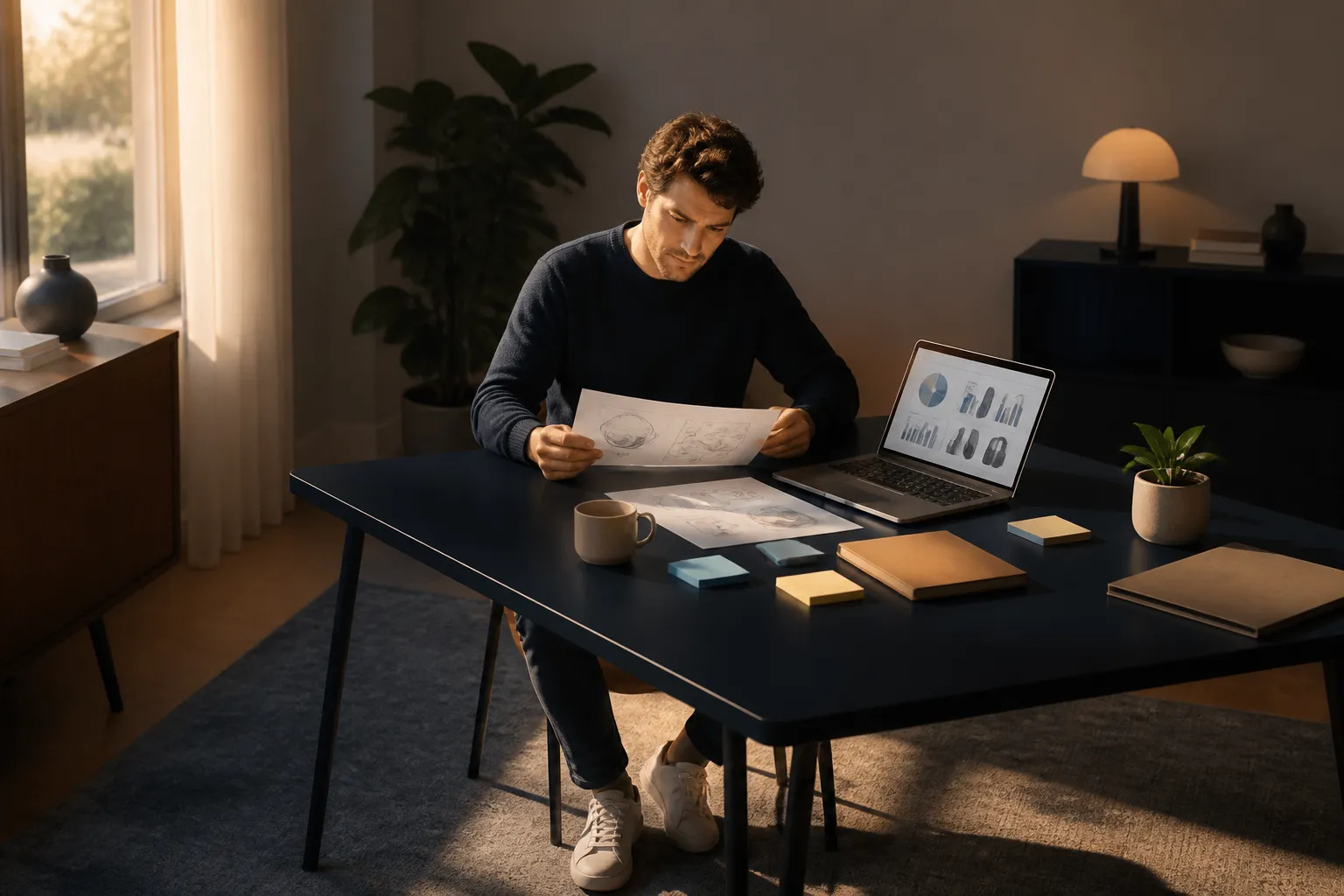 Researcher reviewing honest product comparisons at a desk lit by warm window light