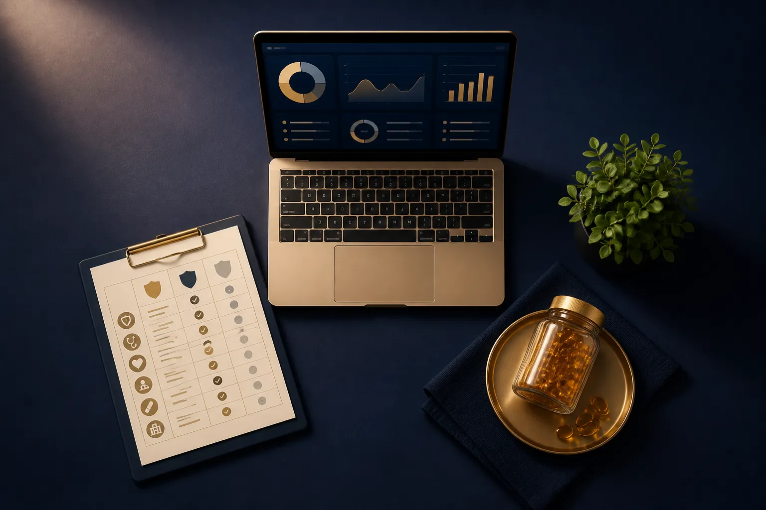 Three product categories represented by a laptop, health insurance paperwork, and wellness supplements on a navy surface