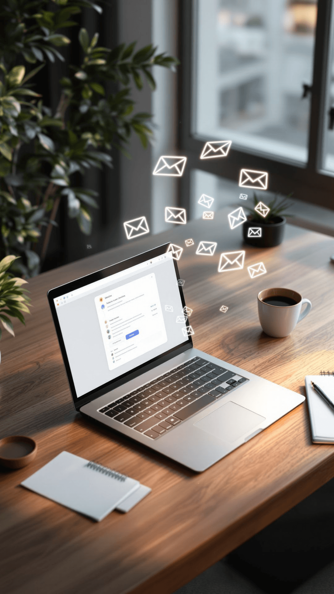Laptop on a wooden desk with glowing email envelope icons flying off the screen representing messages being sent